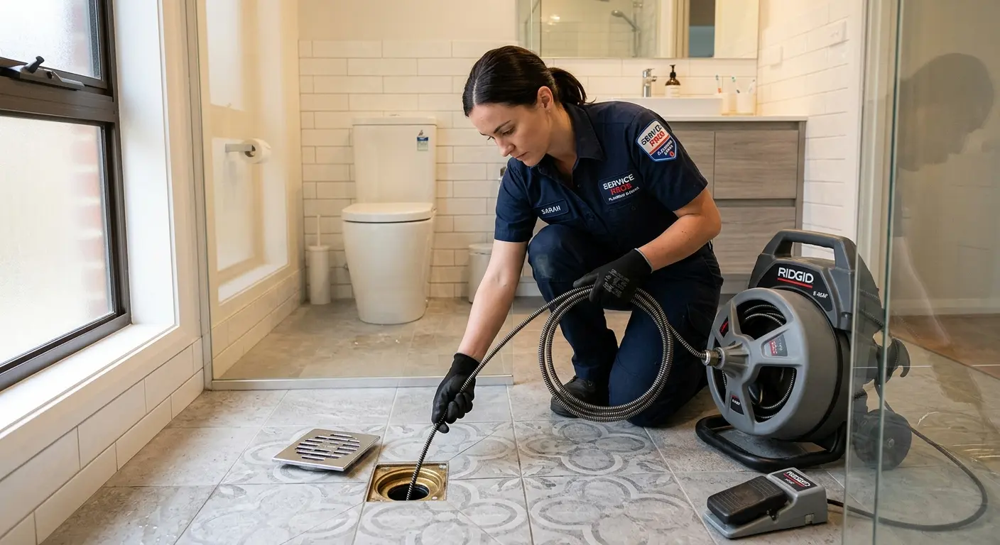 Technician clearing a bathroom floor drain for Drain Cleaning in Bellair-Meadowbrook Terrace